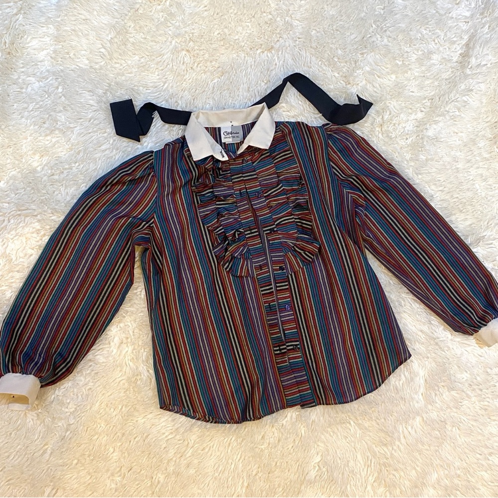 Vintage Style Multicolor Vertical Stripe Ruffle Neck Blouse Womens Long Sleeve